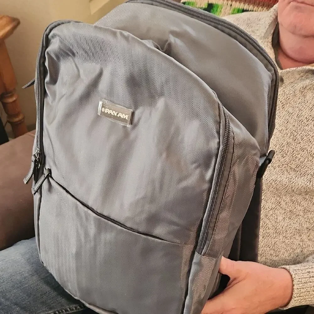 Gray Medium Backpack with Smooth Fabric and Classic Shape Pan Am